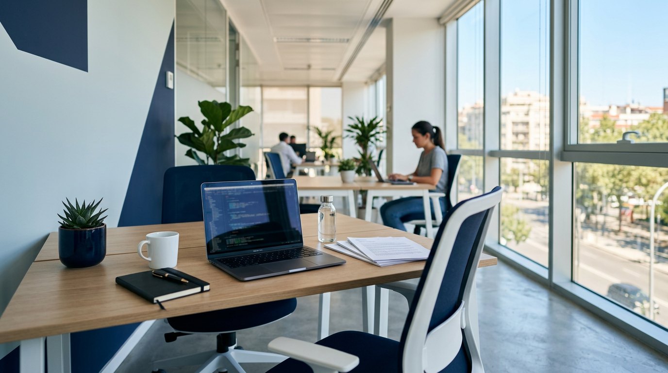 Espacio de trabajo de la gestoría laboral Bagestio con documentación y ordenador portátil